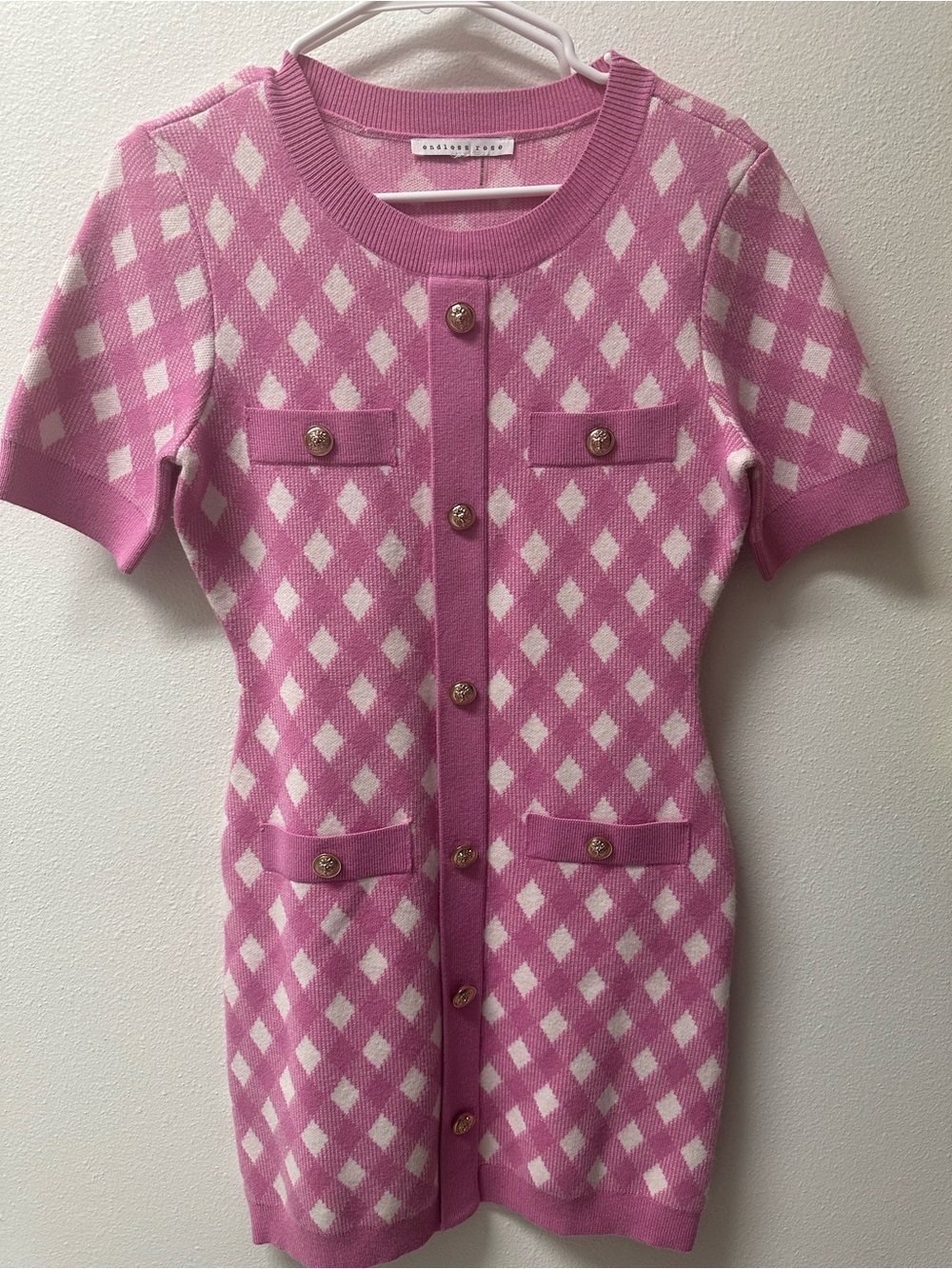 Endless Rose Pink & White argyle Knit Button-Front Dress